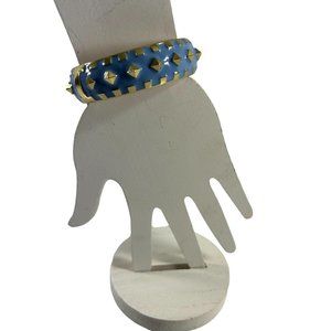 Gold Tone Blue Enamel Studded Bracelet Bangle Clamper Hinge .75" Wide